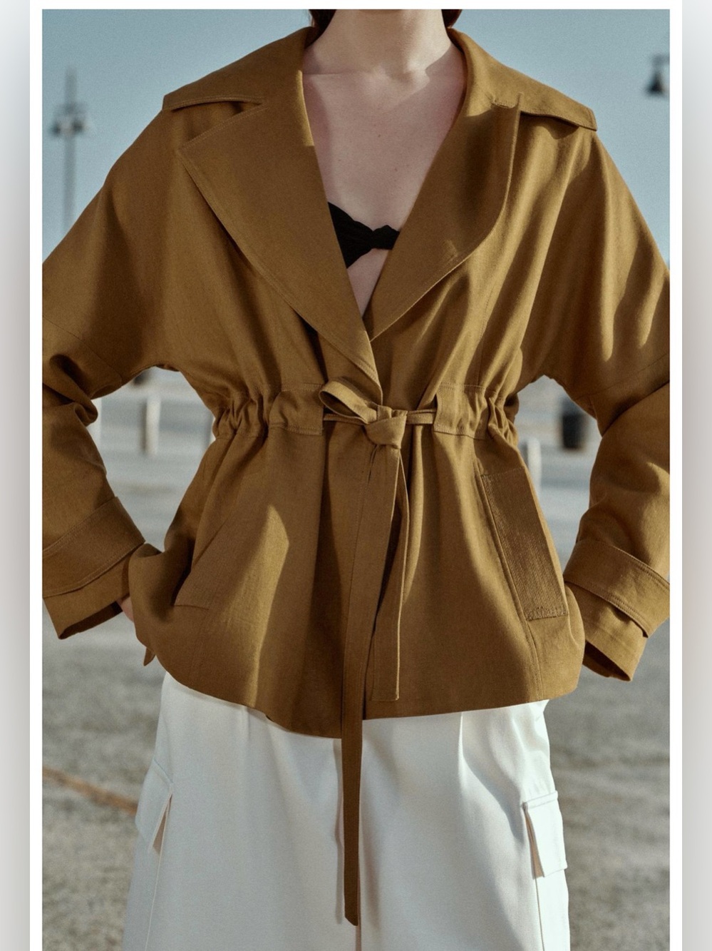 Zara Mustard Cinched-Waist Linen Blended Trench Jacket. POP